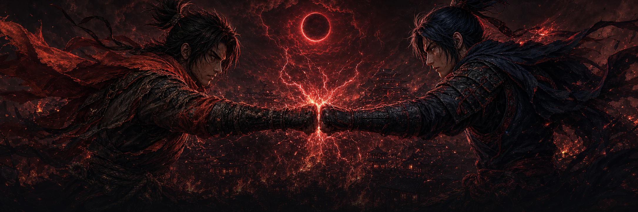 Dois shinobis rivais se enfrentando sob um eclipse vermelho